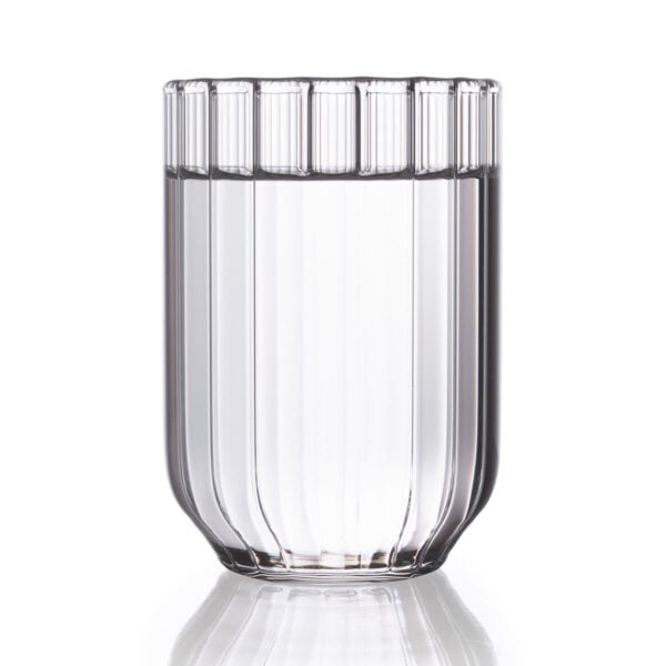 FERRONE-Dearborn-WaterGlass-DBWT-Filled-1200x1200-100KB Minimalist white studio background with Fferrone Dearborn Water Glass in fluted borosilicate glass | Kneen & Co