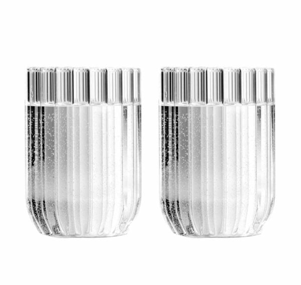 FERRONE-Dearborn-WaterGlass-DBWT02-styled02-1200x1200-100KB Minimalist white studio background with Fferrone Dearborn Water Glasses in fluted borosilicate glass | Kneen & Co