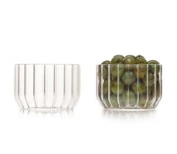 FERRONE-LargeBowl-DBLB-HR-1-1200x1200-100KB Clean white studio background with a pair of Fferrone Dearborn Large Bowls in fluted borosilicate glass shown empty and filled with green olives | Kneen & Co