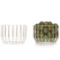 Clean white studio background with a pair of Fferrone Dearborn Large Bowls in fluted borosilicate glass shown empty and filled with green olives | Kneen & Co