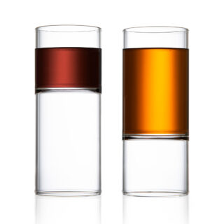 Minimalist white studio background with a pair of Fferrone Revolution Liqueur Glass in borosilicate glass | Kneen & Co