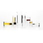 Symmetrical white studio arrangement of Fferrone Revolution Glassware in borosilicate glass with gold and amber liquid variants | Kneen & Co