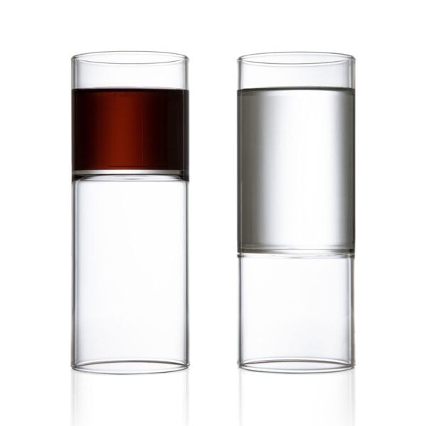 Minimalist white studio background with a pair of Fferrone Revolution Wine/Water glasses in borosilicate glass | Kneen & Co