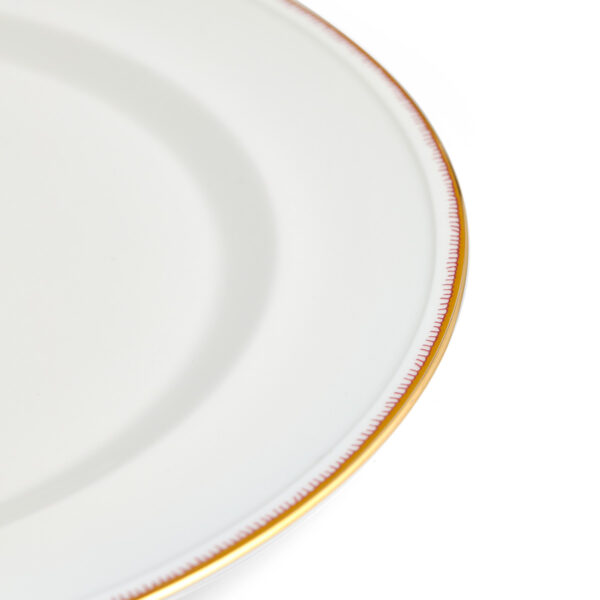Close-up studio shot with Wedgwood Kit Kemp Mythical Creatures Charger Plate in fine bone china featuring whimsical animal illustrations and gold rim detailing | Kneen & Co