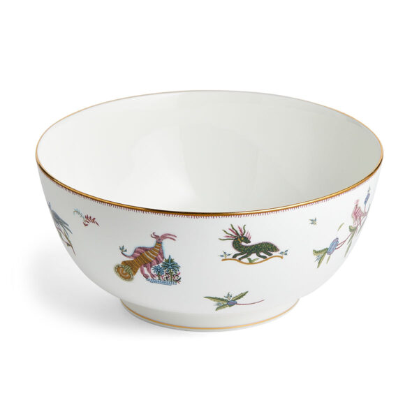 701587237383-Wedgwood-Mythical Creatures-Salad Bowl 25pt8cm-10pt2in-angle-1200x1200-100KB Close-up studio shot with Wedgwood Mythical Creatures salad bowl in fine bone china featuring whimsical animal illustrations and gold rim detailing | Kneen & Co
