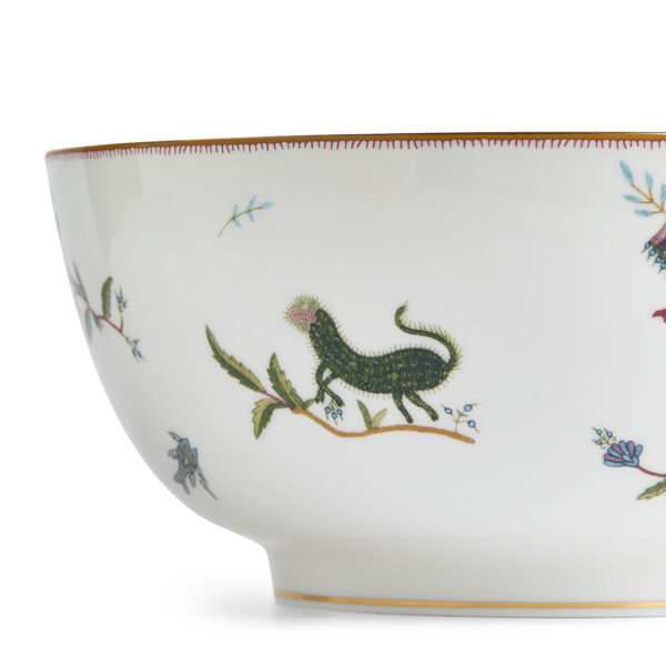 701587237383-Wedgwood-Mythical Creatures-Salad Bowl 25pt8cm-10pt2in-detail-1200x1200-100KB Close-up studio shot with Wedgwood Mythical Creatures salad bowl in fine bone china featuring whimsical animal illustrations and gold rim detailing | Kneen & Co
