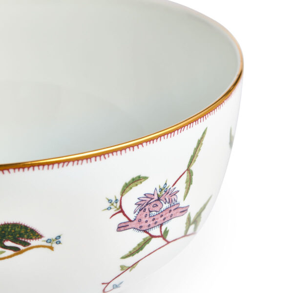 701587237390-Wedgwood-Mythical-Creatures-Salad-Bowl-20pt5cm-8pt1in-detail2-1200x1200-100KB Close-up studio shot with Wedgwood Mythical Creatures salad bowl in fine bone china featuring whimsical animal illustrations and gold rim detailing | Kneen & Co