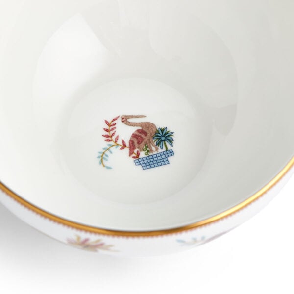 701587237420-Wedgwood-Mythical-Creatures-Cereal-Bowl-15cm-6in-Pgn-detail-1200x1200-100KB Close-up studio shot with Wedgwood Mythical Creatures cereal bowl in fine bone china featuring whimsical animal illustrations and gold rim detailing | Kneen & Co