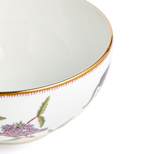 701587237420-Wedgwood-Mythical-Creatures-Cereal-Bowl-15cm-6in-Pgn-detail3-1200x1200-100KB Close-up studio shot with Wedgwood Mythical Creatures cereal bowl in fine bone china featuring whimsical animal illustrations and gold rim detailing | Kneen & Co