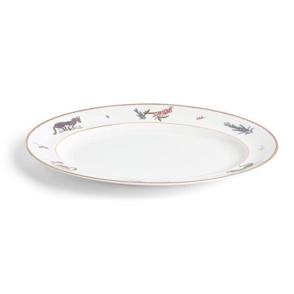 701587237444-Wedgwood-Mythical-Creatures-Oval-Plat-35cm-13pt8in-angle-1200x1200-100KB Close-up studio shot with Wedgwood Kit Kemp Mythical Creatures Oval Platter in fine bone china featuring whimsical animal illustrations and gold rim detailing | Kneen & Co