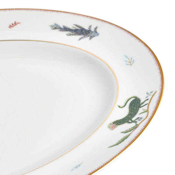 701587237444-Wedgwood-Mythical-Creatures-Oval-Plat-35cm-13pt8in-detail2-1200x1200-100KB Close-up studio shot with Wedgwood Kit Kemp Mythical Creatures Oval Platter in fine bone china featuring whimsical animal illustrations and gold rim detailing | Kneen & Co
