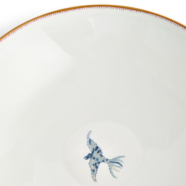 701587248518-Wedgwood-Mythical-Creatures-Coupe-Bowl-24pt5cm-9pt7in-detail-1200x1200-100KB Close-up studio shot with Wedgwood Kit Kemp Mythical Creatures Coupe Bowl in fine bone china featuring whimsical animal illustrations and gold rim detailing | Kneen & Co