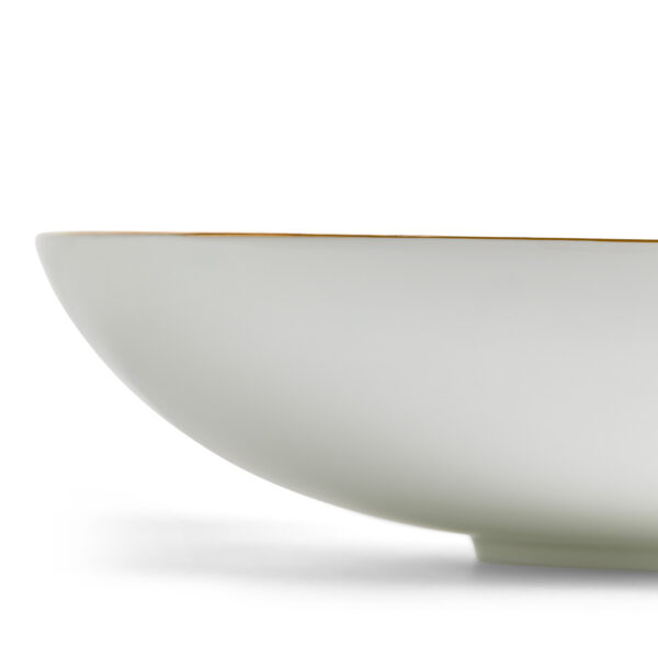 701587248518-Wedgwood-Mythical-Creatures-Coupe-Bowl-24pt5cm-9pt7in-detail2-1200x1200-100KB Close-up studio shot with Wedgwood Kit Kemp Mythical Creatures Coupe Bowl in fine bone china featuring whimsical animal illustrations and gold rim detailing | Kneen & Co