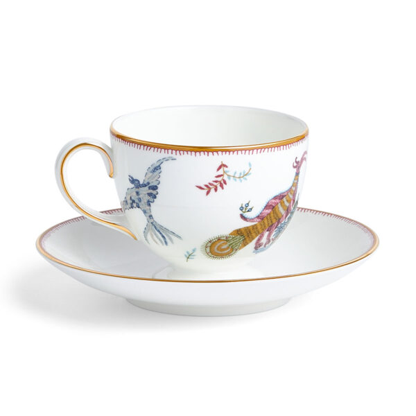 701587253048-Wedgwood-Mythical-Creatures-Teacup+Saucer-Leigh-BXD-back-1200x1200-100KB Close-up studio shot with Wedgwood Kit Kemp Mythical Creatures Tea Cup and Saucer in fine bone china featuring whimsical animal illustrations and gold rim detailing | Kneen & Co