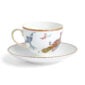 Close-up studio shot with Wedgwood Kit Kemp Mythical Creatures Tea Cup and Saucer in fine bone china featuring whimsical animal illustrations and gold rim detailing | Kneen & Co