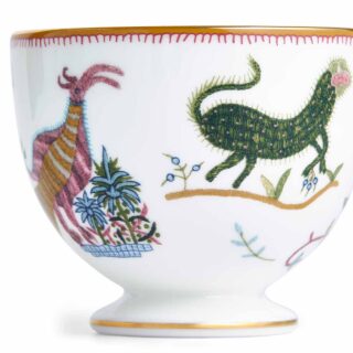 Close-up studio shot with Wedgwood Kit Kemp Mythical Creatures Tea Cup in fine bone china featuring whimsical animal illustrations and gold rim detailing | Kneen & Co