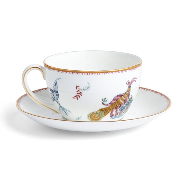 701587253055-Wedgwood-Mythical-Creatures-Bute-Cup+Saucer-BXD-back-1200x1200-100KB Close-up studio shot with Wedgwood Kit Kemp Mythical Creatures Breakfast Cup and Saucer in fine bone china featuring whimsical animal illustrations and gold rim detailing | Kneen & Co