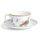 Close-up studio shot with Wedgwood Kit Kemp Mythical Creatures Breakfast Cup and Saucer in fine bone china featuring whimsical animal illustrations and gold rim detailing | Kneen & Co