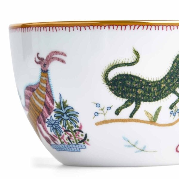 701587253055-Wedgwood-Mythical-Creatures-Bute-Cup+Saucer-BXD-detail2-1200x1200-100KB Close-up studio shot with Wedgwood Kit Kemp Mythical Creatures Breakfast Cup in fine bone china featuring whimsical animal illustrations and gold rim detailing | Kneen & Co