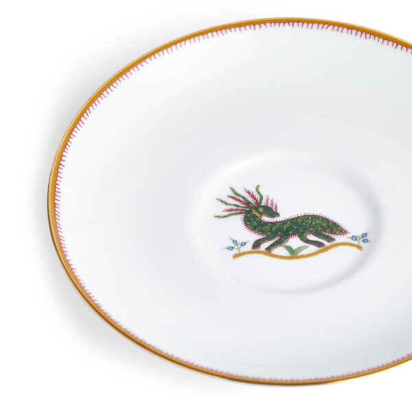 701587253055-Wedgwood-Mythical-Creatures-Bute-Cup+Saucer-BXD-detail3-1200x1200-100KB Close-up studio shot with Wedgwood Kit Kemp Mythical Creatures Breakfast Saucer in fine bone china featuring whimsical animal illustrations and gold rim detailing | Kneen & Co