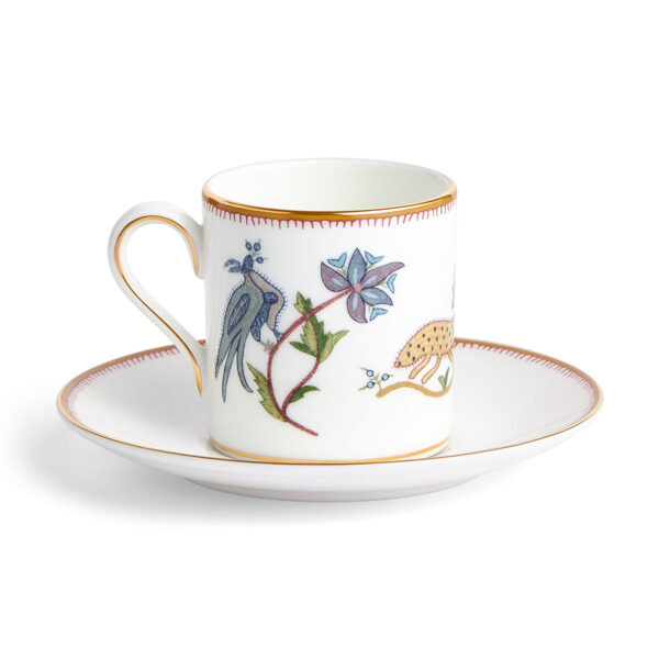 701587253062-Wedgwood-Mythical-Creatures-Coffee-Cup+Saucer-BXD-back-1200x1200-100KB Close-up studio shot with Wedgwood Kit Kemp Mythical Creatures Coffee Cup and Saucer in fine bone china featuring whimsical animal illustrations and gold rim detailing | Kneen & Co