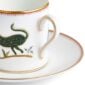 Close-up studio shot with Wedgwood Kit Kemp Mythical Creatures Coffee Cup and Saucer in fine bone china featuring whimsical animal illustrations and gold rim detailing | Kneen & Co