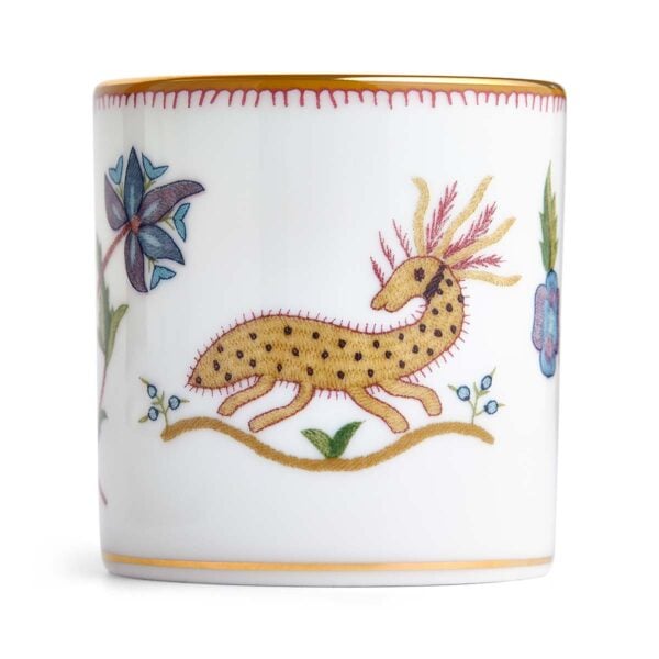 701587253062-Wedgwood-Mythical-Creatures-Coffee-Cup+Saucer-BXD-detail2-1200x1200-100KB Close-up studio shot with Wedgwood Kit Kemp Mythical Creatures Coffee Cup in fine bone china featuring whimsical animal illustrations and gold rim detailing | Kneen & Co