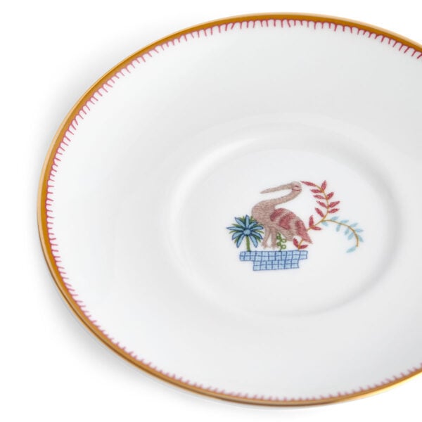 701587253062-Wedgwood-Mythical-Creatures-Coffee-Cup+Saucer-BXD-detail3-1200x1200-100KB Close-up studio shot with Wedgwood Kit Kemp Mythical Creatures Coffee Saucer in fine bone china featuring whimsical animal illustrations and gold rim detailing | Kneen & Co