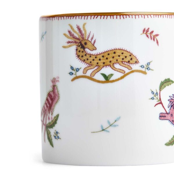 Close-up studio shot with Wedgwood Kit Kemp Mythical Creatures Mug in fine bone china featuring whimsical animal illustrations and gold rim detailing | Kneen & Co