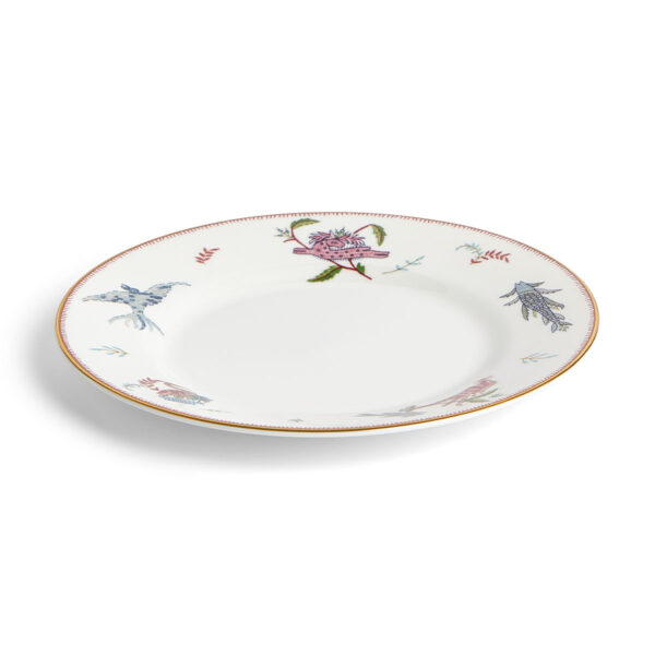 Close-up studio shot with Wedgwood Kit Kemp Mythical Creatures Salad Plate in fine bone china featuring whimsical animal illustrations and gold rim detailing | Kneen & Co