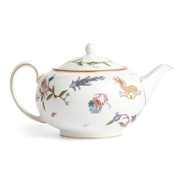 701587253123-Wedgwood-Mythical-Creatures-Large-Sized-Teapot-BXD-back-1200x1200-100KB Close-up studio shot with Wedgwood Kit Kemp Mythical Creatures Teapot in fine bone china featuring whimsical animal illustrations and gold rim detailing | Kneen & Co