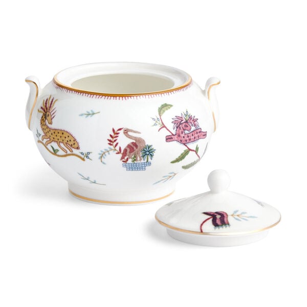 701587253161-Wedgwood-Mythical-Creatures-Cov-Sugar-BXD-detail-1200x1200-100KB Close-up studio shot with Wedgwood Kit Kemp Mythical Creatures Sugar Pot with Cover in fine bone china featuring whimsical animal illustrations and gold rim detailing | Kneen & Co