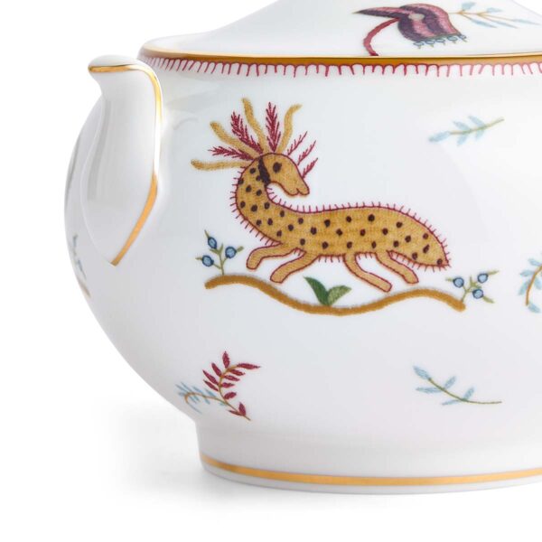 701587253161-Wedgwood-Mythical-Creatures-Cov-Sugar-BXD-detail3-1200x1200-100KB Close-up studio shot with Wedgwood Kit Kemp Mythical Creatures Sugar Pot with Cover in fine bone china featuring whimsical animal illustrations and gold rim detailing | Kneen & Co