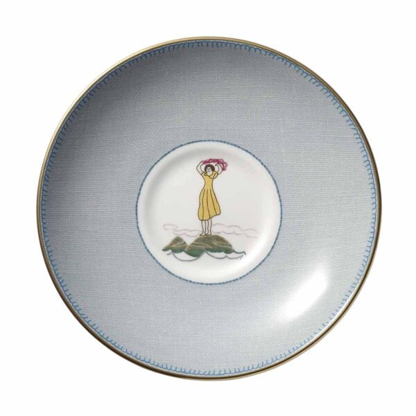 701587422529-Wedgwood-Sailor-Saucer-1200x1200-100KB Close-up studio shot with Wedgwood Kit Kemp Sailor’s Farewell Tea Saucer in fine bone china featuring an expressive, folk-inspired motif with gold detailing | Kneen & Co
