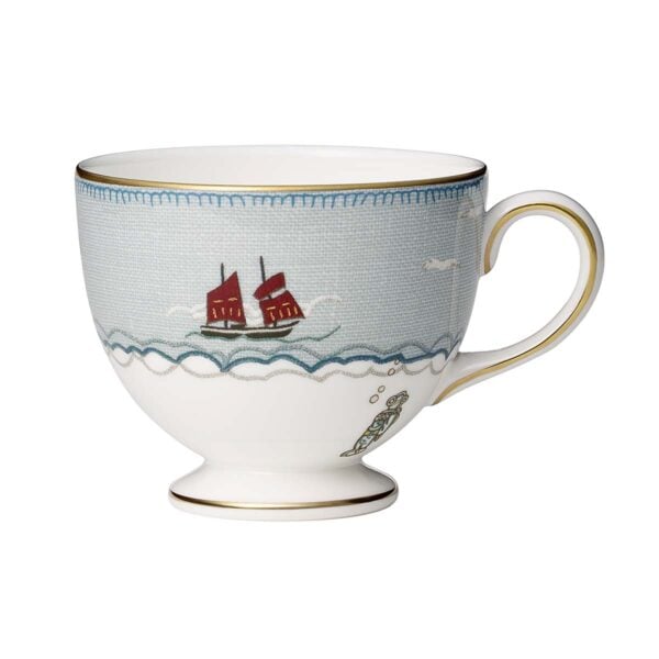 701587422529-Wedgwood-Sailor-cup-1200x1200-100KB Close-up studio shot with Wedgwood Kit Kemp Sailor’s Farewell Tea Cup in fine bone china featuring an expressive, folk-inspired motif with gold detailing | Kneen & Co