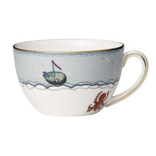 Close-up studio shot with Wedgwood Kit Kemp Sailor’s Farewell Breakfast Cup and Saucer in fine bone china eaturing an expressive, folk-inspired motif with gold detailing | Kneen & Co