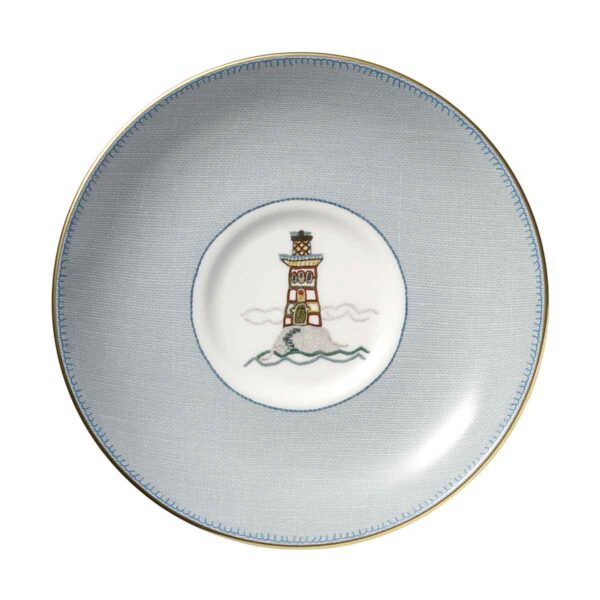 701587422536-Wedgwood-Sailor-Saucer-1200x1200-100KB Close-up studio shot with Wedgwood Kit Kemp Sailor’s Farewell Breakfast Cup and Saucer in fine bone china eaturing an expressive, folk-inspired motif with gold detailing | Kneen & Co
