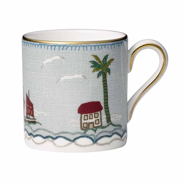 701587422567-Wedgwood-Sailor-Coffee-Cup-1200x1200-100KB Close-up studio shot with Wedgwood Kit Kemp Sailor’s Farewell Coffee Cup in fine bone china featuring an expressive, folk-inspired motif with gold detailing