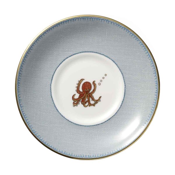 701587422567-Wedgwood-Sailors-Coffee-Saucer-1200x1200-100KB Close-up studio shot with Wedgwood Kit Kemp Sailor’s Farewell Coffee Saucer in fine bone china featuring an expressive, folk-inspired motif with gold detailing | Kneen & Co