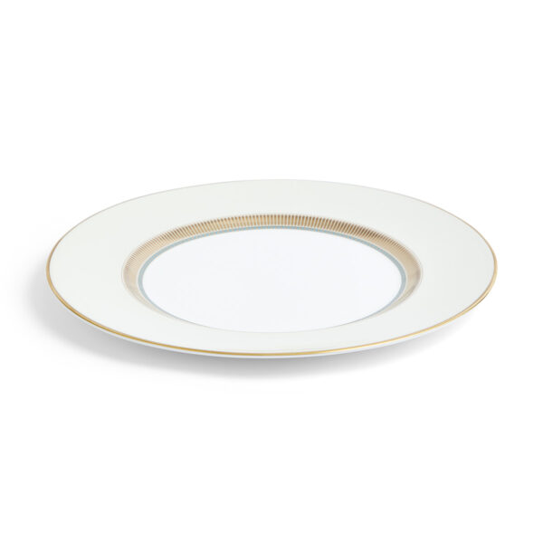 701587471602-Wedgwood-Helia-Plate-27pt3cm-10pt7in-angle-1200x1200-100KB Close-up shot of Wedgwood Helia Dinner Plate featuring neoclassical design finished with 22-carat gold detailing | Kneen & Co