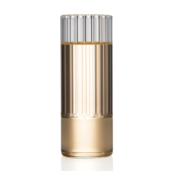 FERRONE-ChampagneFlutes-Flight-Flute-Styled-1200x1200-100KB Minimalist studio setting with a clear Fferrone Flight Champagne Flute in borosilicate glass highlighting the elegant vertical fluted variant | Kneen & Co