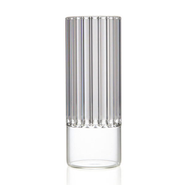 FERRONE-ChampagneFlutes-Flight-Flute-Unstyled-1200x1200-100KB Minimalist studio setting with a clear Fferrone Flight Champagne Flute in borosilicate glass highlighting the elegant vertical fluted variant | Kneen & Co