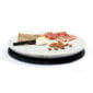 Charcuterie arrangement with brie cheese, prosciutto, and almonds on a Fferrone Doppio Round Serving Tray Marble in honed Carrara marble with a Nero Marquina base | Kneen & Co