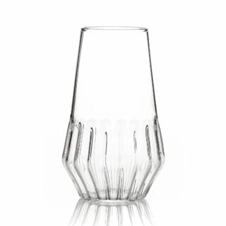 FERRONE-FluteGlass-MXFL-HR-0-1200×1200-100KB Minimalist studio display of a Fferrone Mixed Flute Glass in fluted borosilicate glass featuring a tapered silhouette and a textured base | Kneen & Co