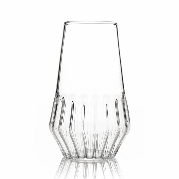 Minimalist studio display of a Fferrone Mixed Flute Glass in fluted borosilicate glass featuring a tapered silhouette and a textured base | Kneen & Co