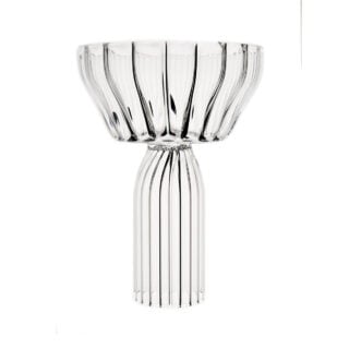 Minimalist studio display of a Fferrone Margot Champagne Coupe in fluted borosilicate glass with a broad shallow bowl and ribbed pedestal base | Kneen & Co