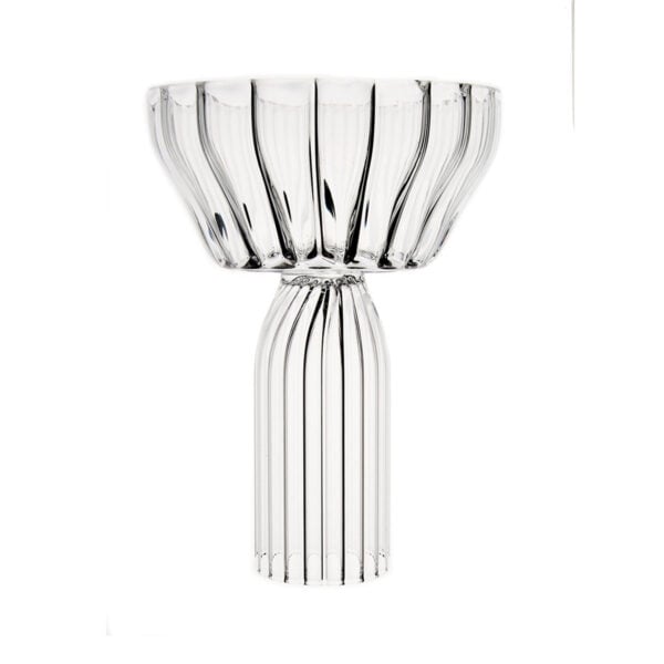 Minimalist studio display of a Fferrone Margot Champagne Coupe in fluted borosilicate glass with a broad shallow bowl and ribbed pedestal base | Kneen & Co