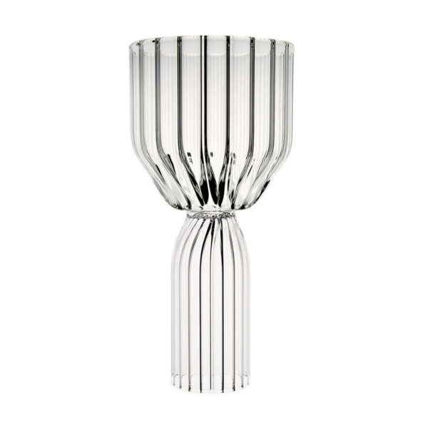 FERRONE-Margot-DessertGoblet-MCDES-HR-0-1200x1200-100KB Minimalist studio display of a Fferrone Margot Dessert Goblet in fluted borosilicate glass with a short, wide bowl and ribbed base | Kneen & Co
