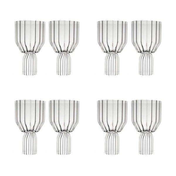 FERRONE-Margot-RedWineGoblet-MCRD02-4-pair-stacked-1200x1200-100KB Minimalist studio arrangement of four pairs of Fferrone Margot Red Wine Goblets in fluted borosilicate glass featuring a stacked vertical composition | Kneen & Co