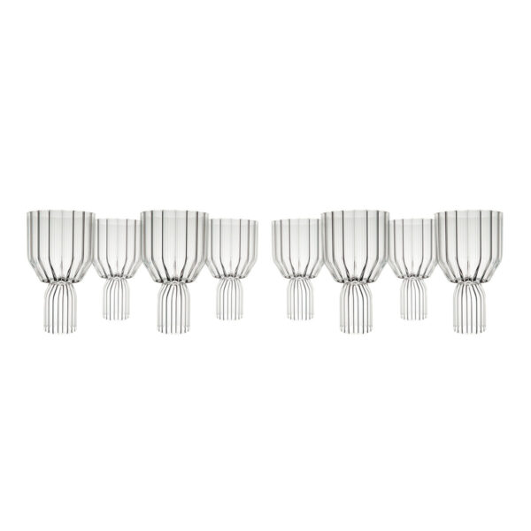 FERRONE-Margot-RedWineGoblet-MCRD02-4pair-FrontRow-BackRow-1200x1200-100KB Minimalist studio arrangement of Fferrone Margot Red Wine Goblets in fluted borosilicate glass displayed in staggered front and back rows | Kneen & Co